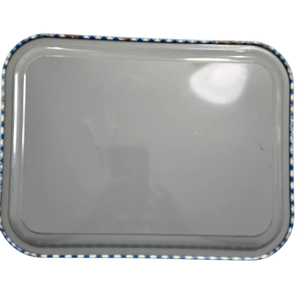 Vintage Blue & White Gingham Check Metal Serving Tray 13.75